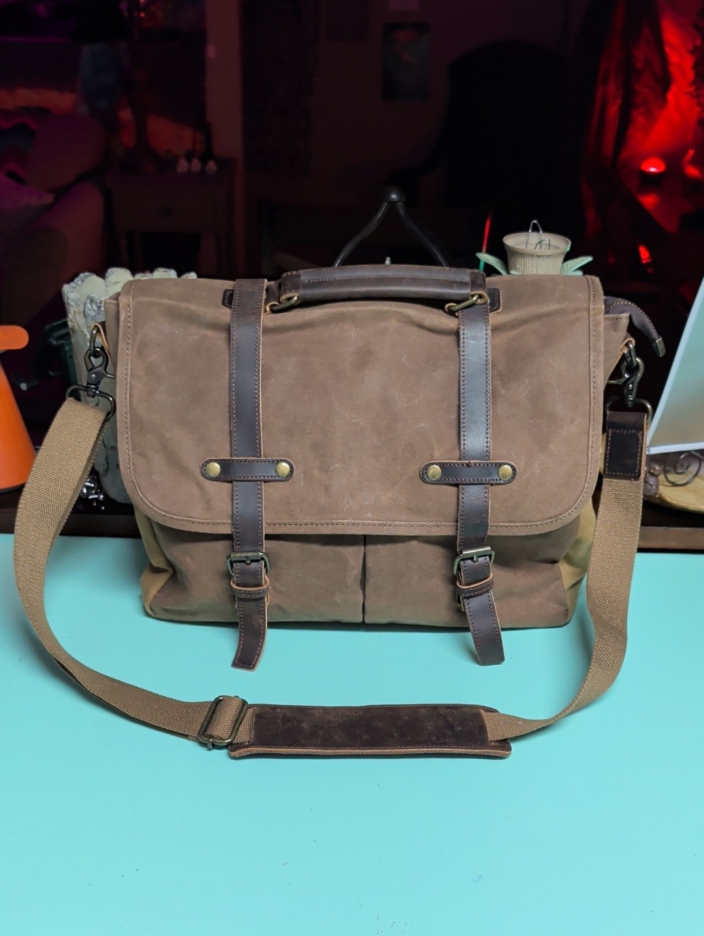 Men's Brown Waxed Canvas Messenger Bag with Leather Accents
